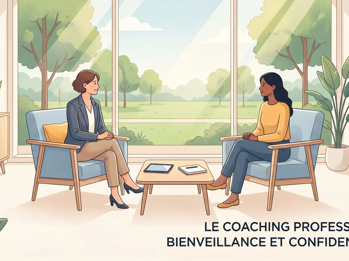 Séance de coaching présentiel — coach et client en discussion